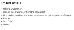 Truvia sweetener from Stevia, 400 packets