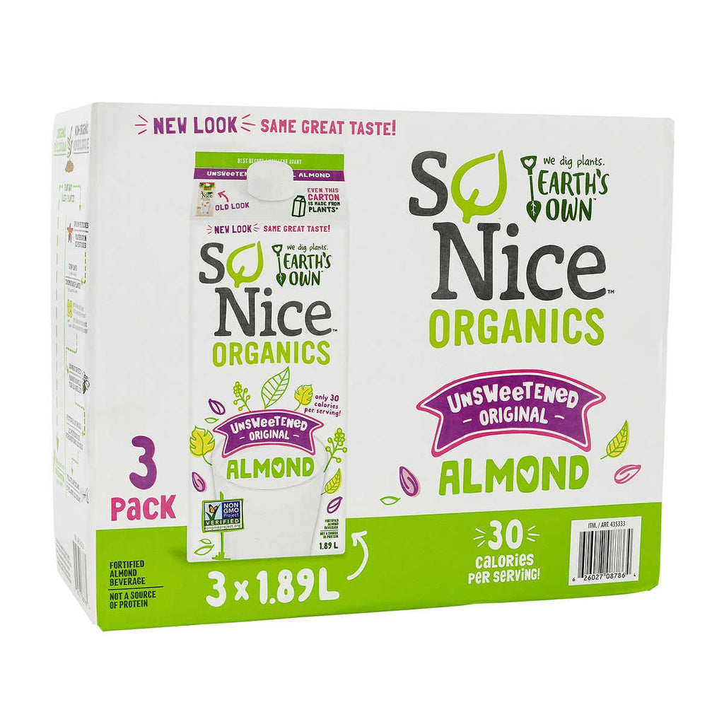 So Nice Organic Unsweetened Almond Beverage, 3 x 1.9 L