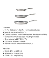 Tramontina Stainless Steel with Ceramic Non-stick Skillet, 3 skillets