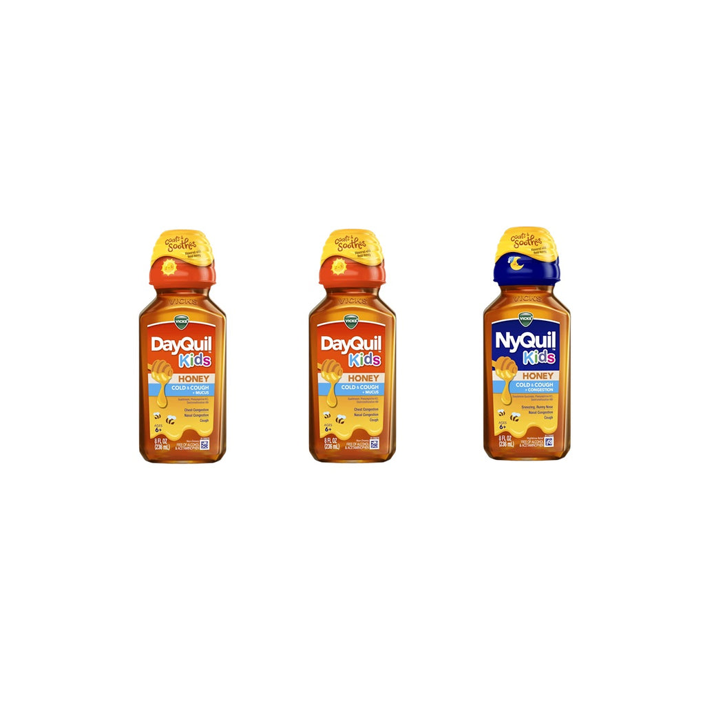 Vicks Kids DayQuil - NyQuil Cold and Flu Honey Liquid , 3 x 236 mL
