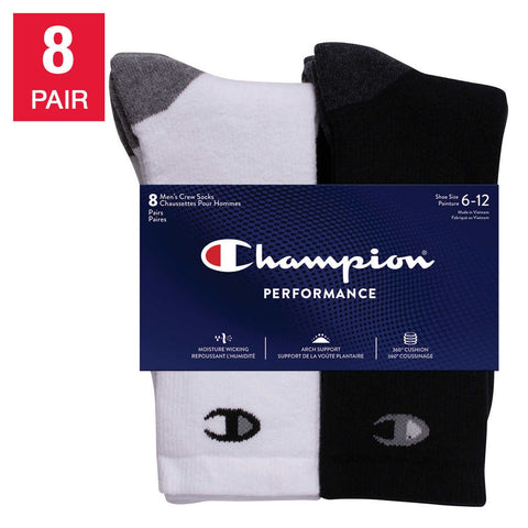 Champion Men's  Performance Crew  Socks Black & White 6-12, 8 pairs