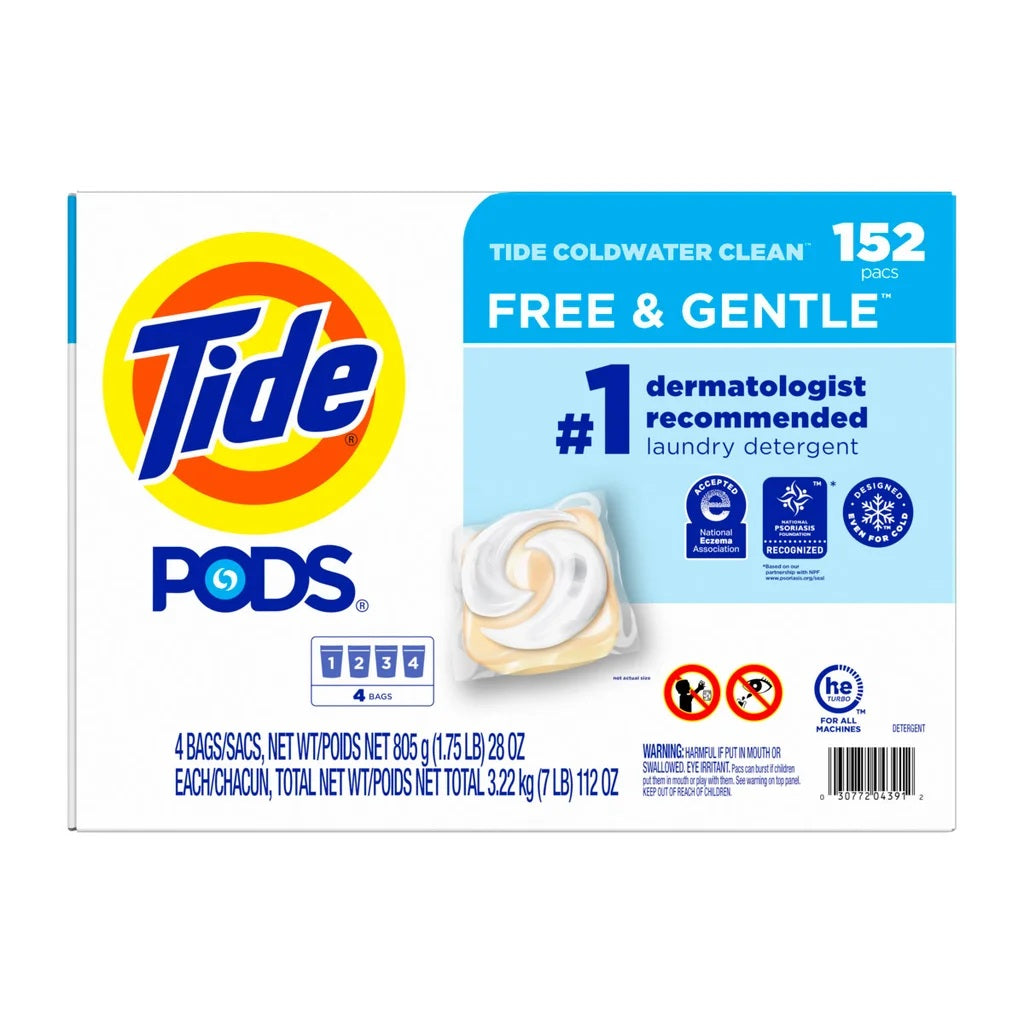 Tide PODS Liquid Laundry Detergent Pacs, Free & Gentle, 152 pods