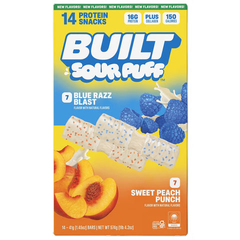 BUILT Sour Puff Gluten free Protein Bars, 14 x 41 g