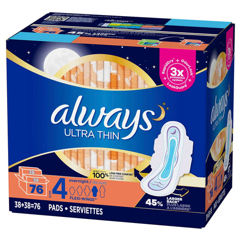 $4 OFF - Always Ultra Thin Overnight Pads, 76 pads