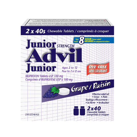 Advil Junior Grape Raisin Ibuprofen Ages 2 to 12, 2 x 40 tablets