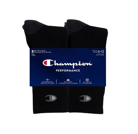 Champion Men's  Performance Crew Socks Black 6-12, 8 pairs