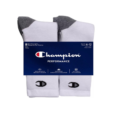 Champion Men's  Performance Crew  Socks White 6-12, 8 pairs