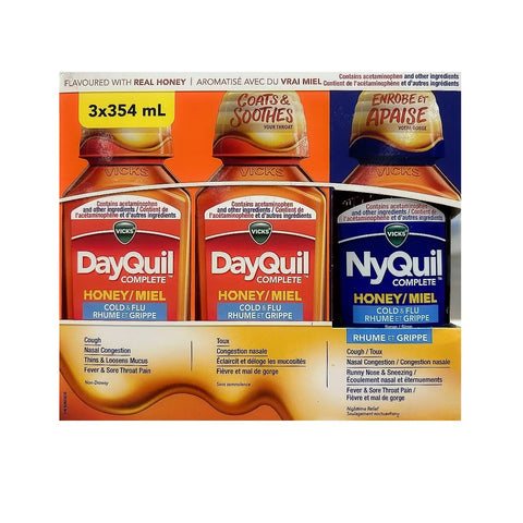 Vicks DayQuil - NyQuil Cold and Flu Honey Liquid , 3 x 354 mL