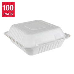 iEco 8” x 8” Hinged Bagasse Takeout Containers, 100 units