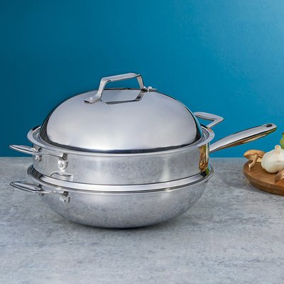 Stainless-Steel Wok With Lid & Steamer, 3 pieces