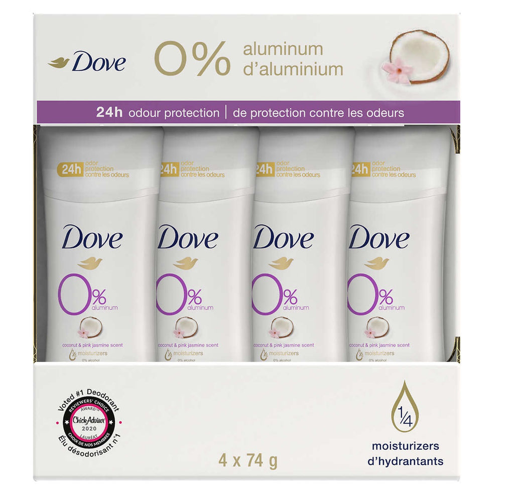 $4 OFF - Dove 0% Deodorant Coconut and Pink Jasmine, 4 x 74 g